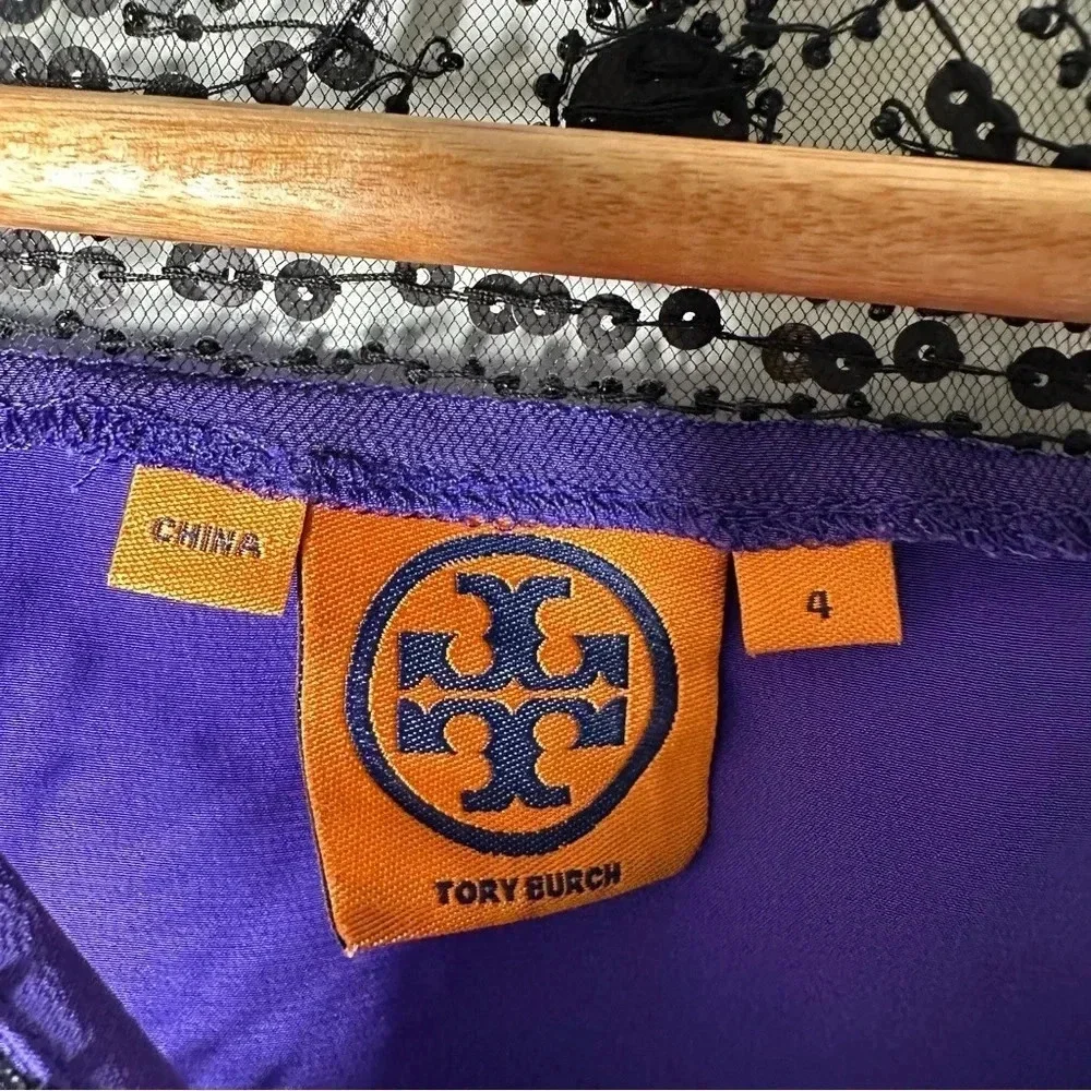 Tory Burch Purple Black Lace Embellished 100% Silk Blouse Size 4